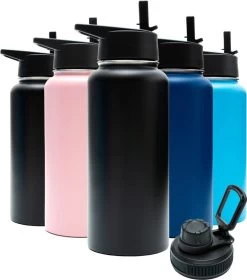 Thermosfles - Onyx Black - 1 Liter - Extra Dop Met Rietje & Drinktuit - Thermosflessen - Isoleerfles - BPA Vrij - Lekvrij - Thermoskan - Isoleerbeker - Thermosbeker