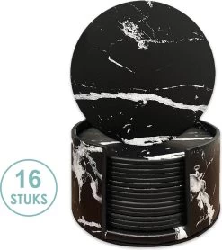 Luxe Leren Marmeren Onderzetters Met Houder - 16 Stuks - Onderleggers Voor Glazen - Glasonderzetters Voor Op Tafel - Coasters - Zwart / Wit - Rond