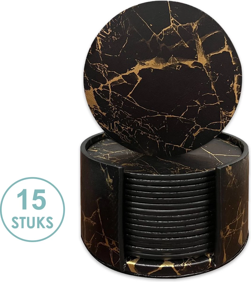 Luxe Leren Marmeren Onderzetters Met Houder - 15 Stuks - Onderleggers Voor Glazen - Glasonderzetters Voor Op Tafel - Coasters - Zwart / Goud - Rond 1 Luxe Leren Marmeren Onderzetters Met Houder - 15 Stuks - Onderleggers Voor Glazen - Glasonderzetters Voor Op Tafel - Coasters - Zwart / Goud - Rond