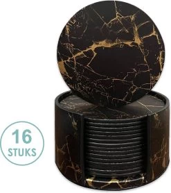 Luxe Leren Marmeren Onderzetters Met Houder - 16 Stuks - Onderleggers Voor Glazen - Glasonderzetters Voor Op Tafel - Coasters - Zwart / Goud - Rond
