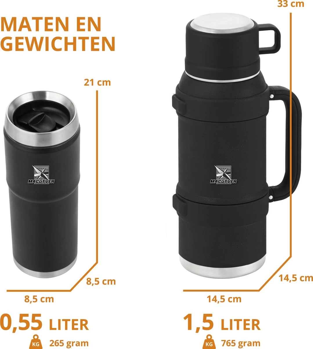 MacGyver RVS Thermoskan 1.5 Ltr – RVS Thermosbeker 0,55 Ltr - Langdurig Warm/koud - Zwart 5 MacGyver RVS Thermoskan 1.5 Ltr – RVS Thermosbeker 0,55 Ltr - Langdurig Warm/koud - Zwart - Afbeelding 5