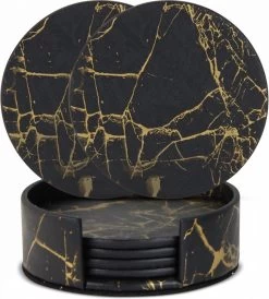 Castagnola Lederen Onderzetters Met Houder – Onderzetters Voor Glazen – Onderzetters Design – Onderzettersset – Drink Onderzetters – Leder – Leren Onderzetters – Set Van 6 – Zwart/Goud
