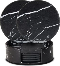 Castagnola Lederen Onderzetters Met Houder – Onderzetters Voor Glazen – Onderzetters Design – Onderzettersset – Drink Onderzetters – Leder – Leren Onderzetters – Set Van 6 – Zwart/Wit