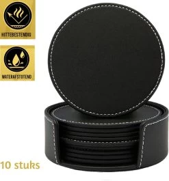 Vaja Trends Luxe Leren Onderzetters Voor Glazen - Met Houder - Set Van 10 - Zwart - Waterafstotend En Hittebestendig