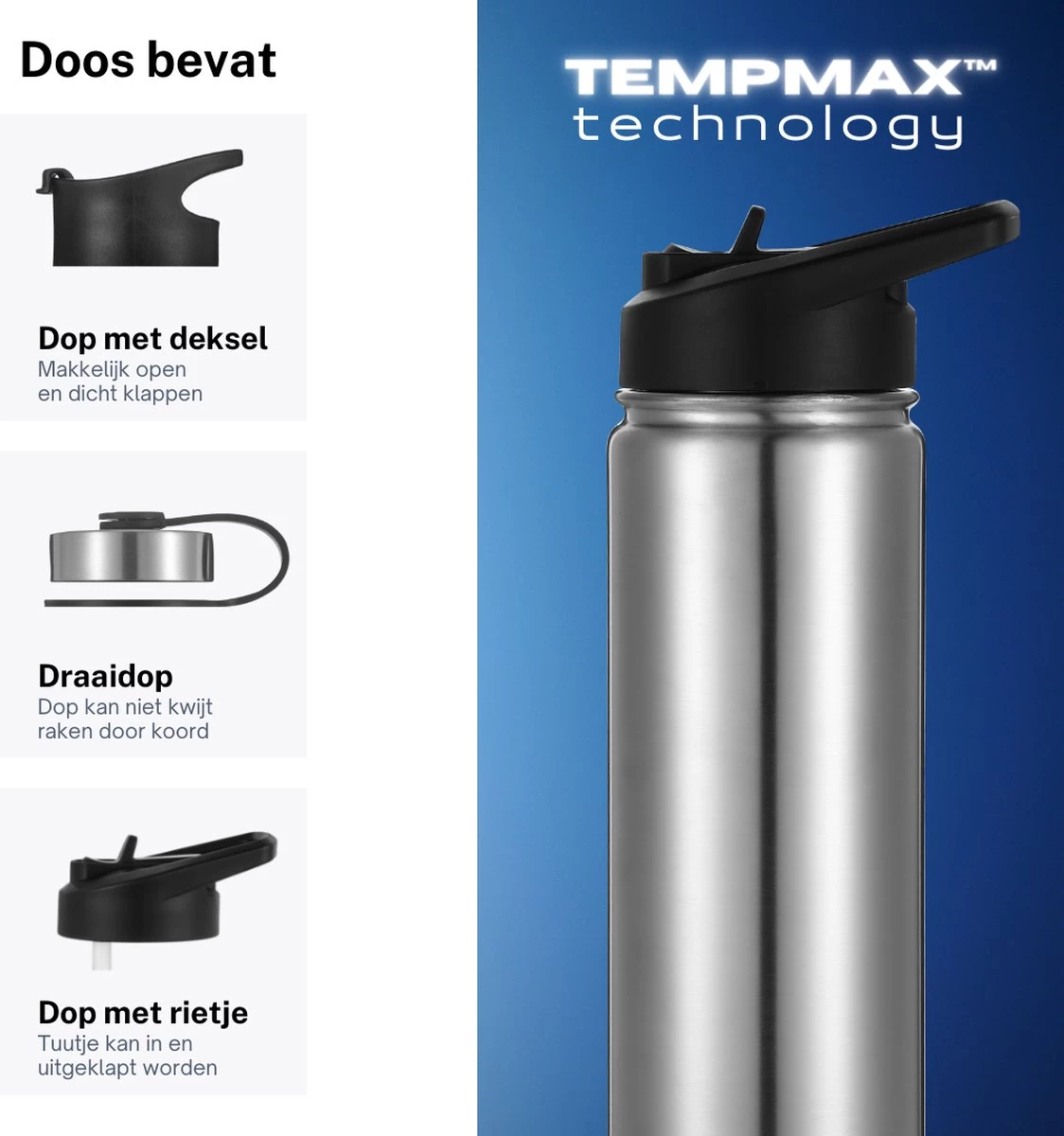 Thermo Master MasterBottle Drinkfles Met 3 Doppen - 650 Ml - Staal 2 Thermo Master MasterBottle Drinkfles Met 3 Doppen - 650 Ml - Staal - Afbeelding 2