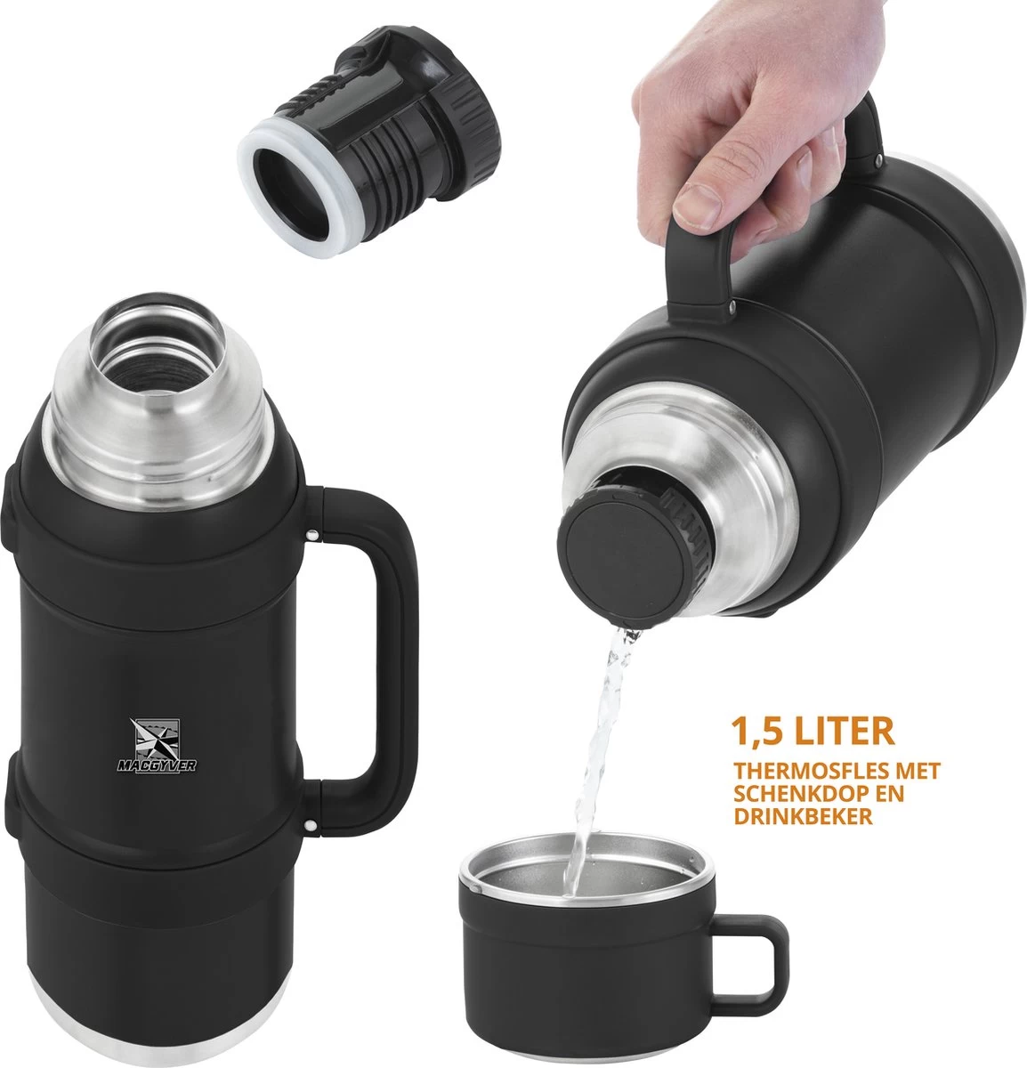 MacGyver RVS Thermoskan 1.5 Ltr – RVS Thermosbeker 0,55 Ltr - Langdurig Warm/koud - Zwart 10 MacGyver RVS Thermoskan 1.5 Ltr – RVS Thermosbeker 0,55 Ltr - Langdurig Warm/koud - Zwart - Afbeelding 10