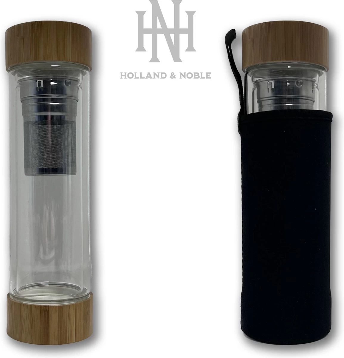 Holland & Noble - Thermo Theefles Met Zeef - 400 Ml Borosilicate Glas Dubbelwandig - Thee-infuser Met Bamboe Schroefdop Aan Beide Zijdes En Roestvrijstalen Zeef - Inclusief Neopreen Hoes 5 Holland & Noble - Thermo Theefles Met Zeef - 400 Ml Borosilicate Glas Dubbelwandig - Thee-infuser Met Bamboe Schroefdop Aan Beide Zijdes En Roestvrijstalen Zeef - Inclusief Neopreen Hoes - Afbeelding 5