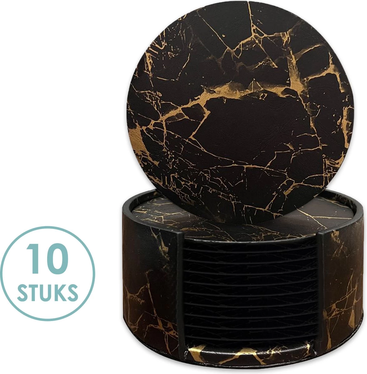 Luxe Leren Marmeren Onderzetters Met Houder - 10 Stuks - Onderleggers Voor Glazen - Glasonderzetters Voor Op Tafel - Coasters - Zwart / Goud - Rond 1 Luxe Leren Marmeren Onderzetters Met Houder - 10 Stuks - Onderleggers Voor Glazen - Glasonderzetters Voor Op Tafel - Coasters - Zwart / Goud - Rond