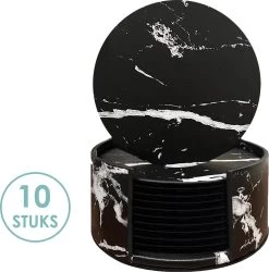 Luxe Leren Marmeren Onderzetters Met Houder - 10 Stuks - Onderleggers Voor Glazen - Glasonderzetters Voor Op Tafel - Coasters - Zwart / Wit - Rond