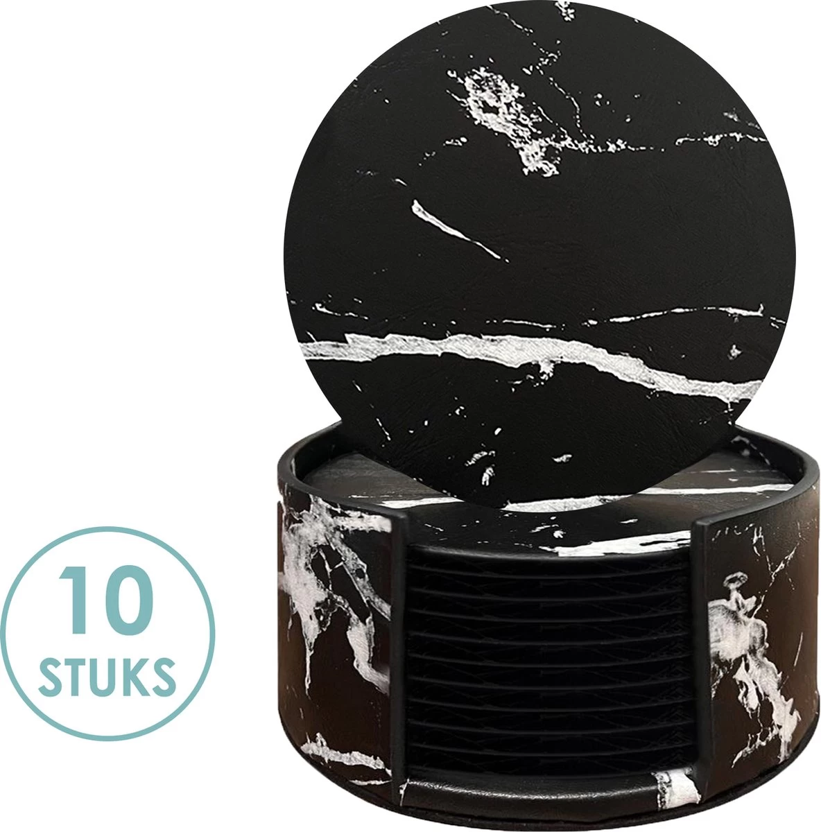 Luxe Leren Marmeren Onderzetters Met Houder - 10 Stuks - Onderleggers Voor Glazen - Glasonderzetters Voor Op Tafel - Coasters - Zwart / Wit - Rond 1 Luxe Leren Marmeren Onderzetters Met Houder - 10 Stuks - Onderleggers Voor Glazen - Glasonderzetters Voor Op Tafel - Coasters - Zwart / Wit - Rond
