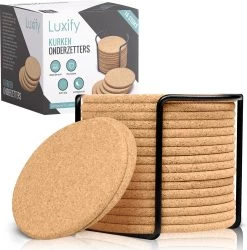 Kurken Onderzetters Met Houder - 16 Stuks - Onderleggers Voor Glazen - Glasonderzetters Voor Op Tafel - Coasters - Rond