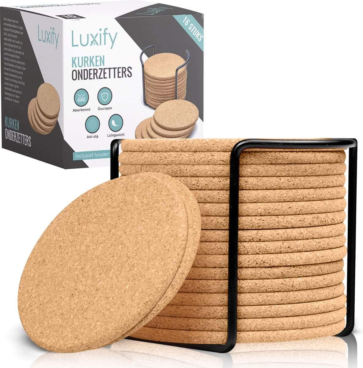 Kurken Onderzetters Met Houder - 16 Stuks - Onderleggers Voor Glazen - Glasonderzetters Voor Op Tafel - Coasters - Rond 1 Kurken Onderzetters Met Houder - 16 Stuks - Onderleggers Voor Glazen - Glasonderzetters Voor Op Tafel - Coasters - Rond