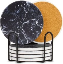 Castagnola Keramische Onderzetters Met Houder – Onderzetters Voor Glazen – Onderzetters Design – Onderzettersset – Drink Onderzetters – Keramisch – Kurk – Set Van 6 – Grijs/Zwart