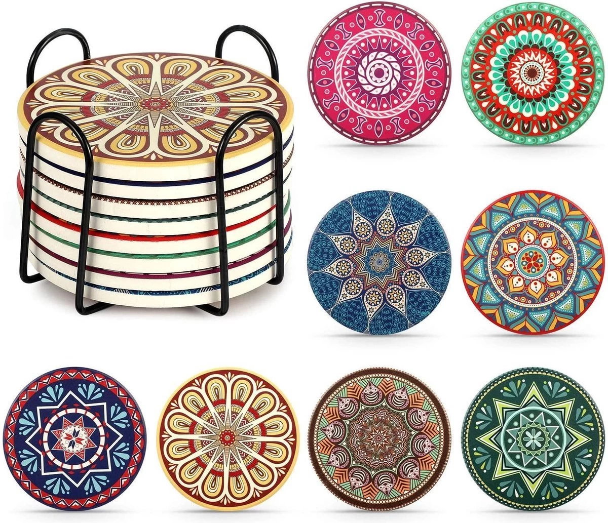 IBright Onderzetters Voor Glazen - Set Van 8 Met Houder - Rond - Bohemian - Oosterse - Mandala Design - Coasters 2 IBright Onderzetters Voor Glazen - Set Van 8 Met Houder - Rond - Bohemian - Oosterse - Mandala Design - Coasters - Afbeelding 2