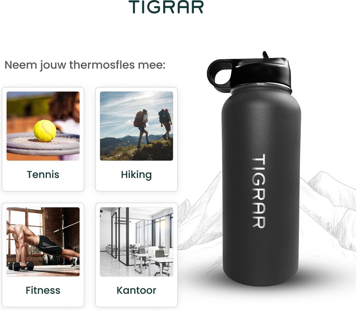 Tigrar - Drinkfles - Waterfles - Thermosfles 1 Liter - RVS - (Grafiet) Zwart - Incl. Extra Dop 3 Rietjes En Reiniger 9 Tigrar - Drinkfles - Waterfles - Thermosfles 1 Liter - RVS - (Grafiet) Zwart - Incl. Extra Dop 3 Rietjes En Reiniger - Afbeelding 9