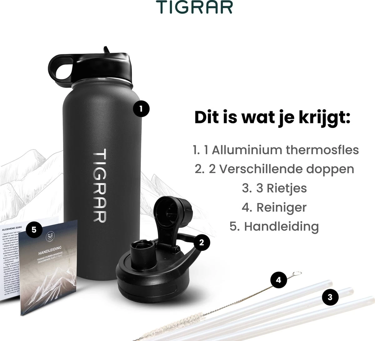 Tigrar - Drinkfles - Waterfles - Thermosfles 1 Liter - RVS - (Grafiet) Zwart - Incl. Extra Dop 3 Rietjes En Reiniger 7 Tigrar - Drinkfles - Waterfles - Thermosfles 1 Liter - RVS - (Grafiet) Zwart - Incl. Extra Dop 3 Rietjes En Reiniger - Afbeelding 7