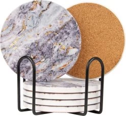 Castagnola Keramische Onderzetters Met Houder – Onderzetters Voor Glazen – Onderzetters Design – Onderzettersset – Drink Onderzetters – Keramisch – Kurk – Set Van 6 – Grijs/Goud