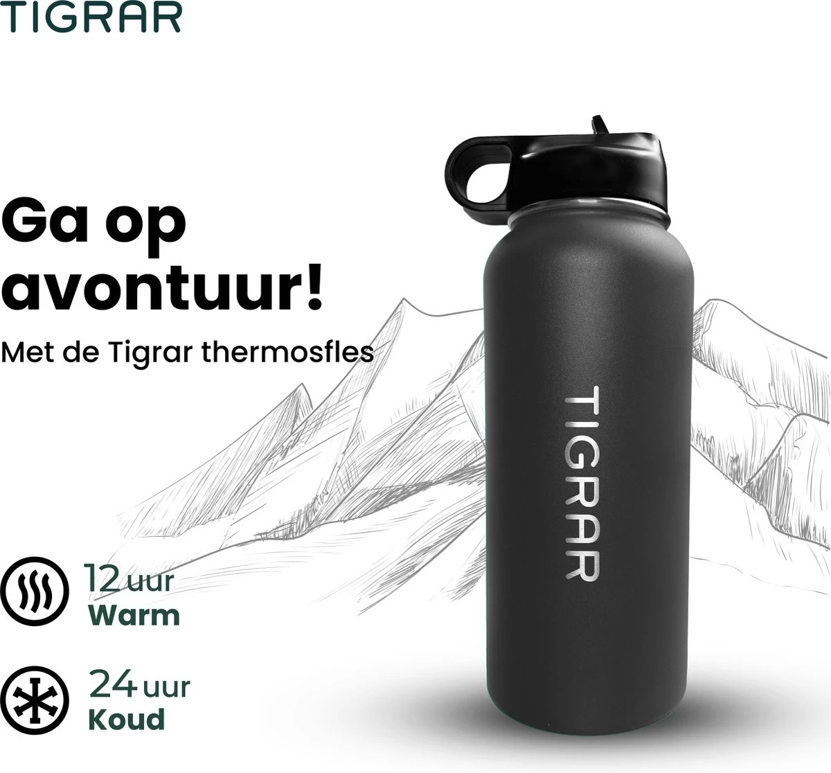 Tigrar - Drinkfles - Waterfles - Thermosfles 1 Liter - RVS - (Grafiet) Zwart - Incl. Extra Dop 3 Rietjes En Reiniger 6 Tigrar - Drinkfles - Waterfles - Thermosfles 1 Liter - RVS - (Grafiet) Zwart - Incl. Extra Dop 3 Rietjes En Reiniger - Afbeelding 6
