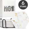 HighSupply Design Onderzetters Van Marmer En Keramiek Voor Glazen – Wit – 6 Onderleggers – Glasonderzetters Met Houder – Kurk