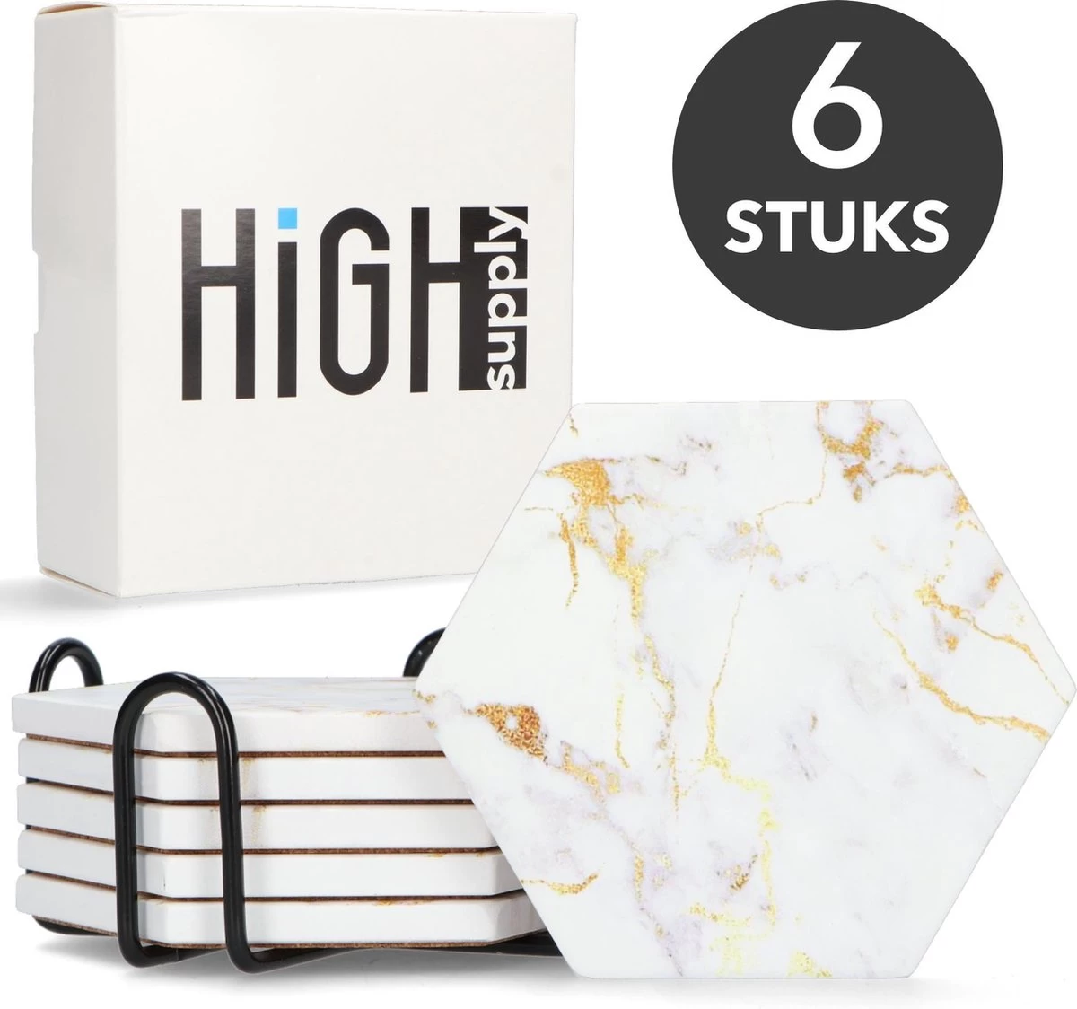 HighSupply Design Onderzetters Van Marmer En Keramiek Voor Glazen – Wit – 6 Onderleggers – Glasonderzetters Met Houder – Kurk 1 HighSupply Design Onderzetters Van Marmer En Keramiek Voor Glazen – Wit – 6 Onderleggers – Glasonderzetters Met Houder – Kurk