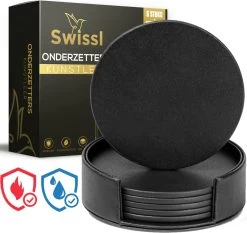 Swissl Leren Onderzetters Voor Glazen - 6 Onderleggers Met Houder - Zwarte Ronde Glasonderzetters Voor Op Tafel - Coasters - Vlak