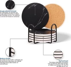 Sincer Keramische Onderzetters Voor Glazen Met Houder – Set Van 6 Zwarte Keramische/Marmeren Onderleggers –Luxe/Modern Design - Premium Kwaliteit – Kurken Antislip Onderkant – Hittebestendig – Zeer Absorberend – Rond – Duurzaam/Milieuvriendelijk -Brita Verkoop 1200x1135 4