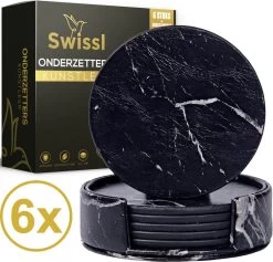 Swissl Leren Onderzetters - Marmer Onderzetters Voor Glazen - Kunstleren Onderleggers Met Houder - Glasonderzetters - Coasters – Zwart - Rond