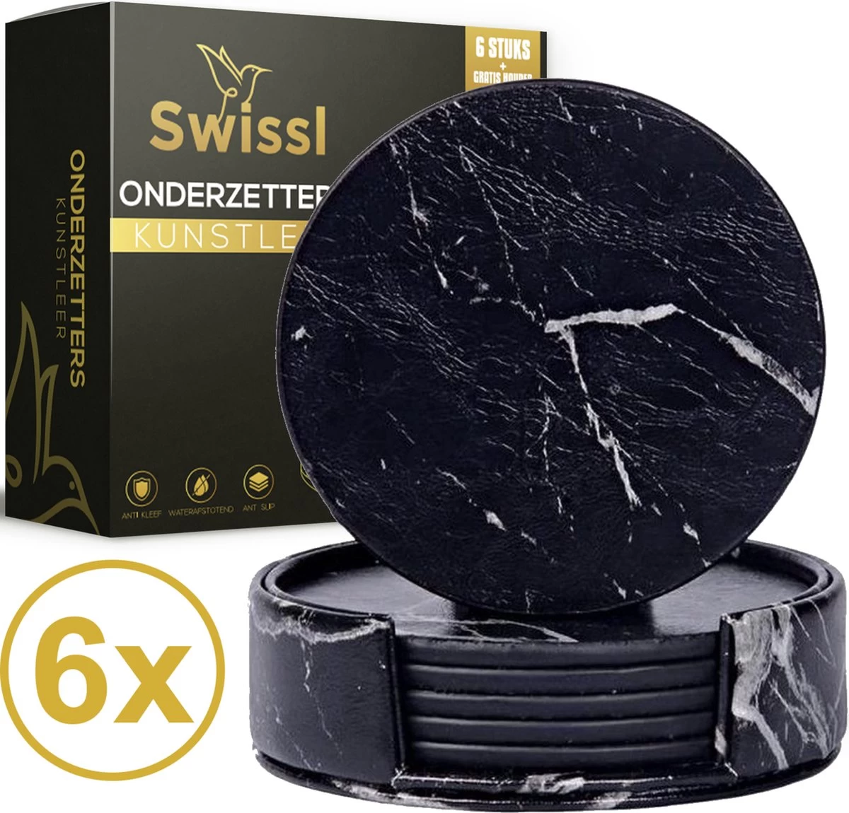 Swissl Leren Onderzetters - Marmer Onderzetters Voor Glazen - Kunstleren Onderleggers Met Houder - Glasonderzetters - Coasters – Zwart - Rond 1 Swissl Leren Onderzetters - Marmer Onderzetters Voor Glazen - Kunstleren Onderleggers Met Houder - Glasonderzetters - Coasters – Zwart - Rond