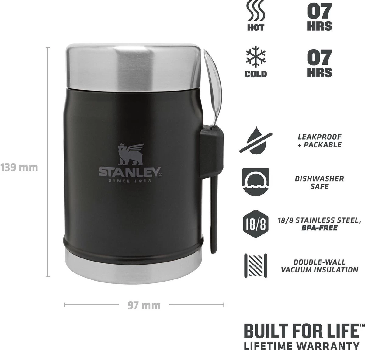 Stanley The Legendary Food Jar + Spork 0,4L - Thermosfles - Matt Black 3 Stanley The Legendary Food Jar + Spork 0,4L - Thermosfles - Matt Black - Afbeelding 3