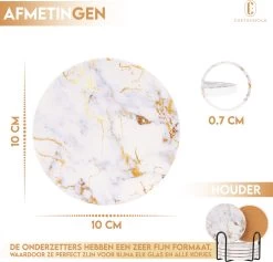 Castagnola Keramische Onderzetters Met Houder – Onderzetters Voor Glazen – Onderzetters Design – Onderzettersset – Drink Onderzetters – Keramisch – Kurk – Set Van 6 – Wit/Goud -Brita Verkoop 1200x1151 4