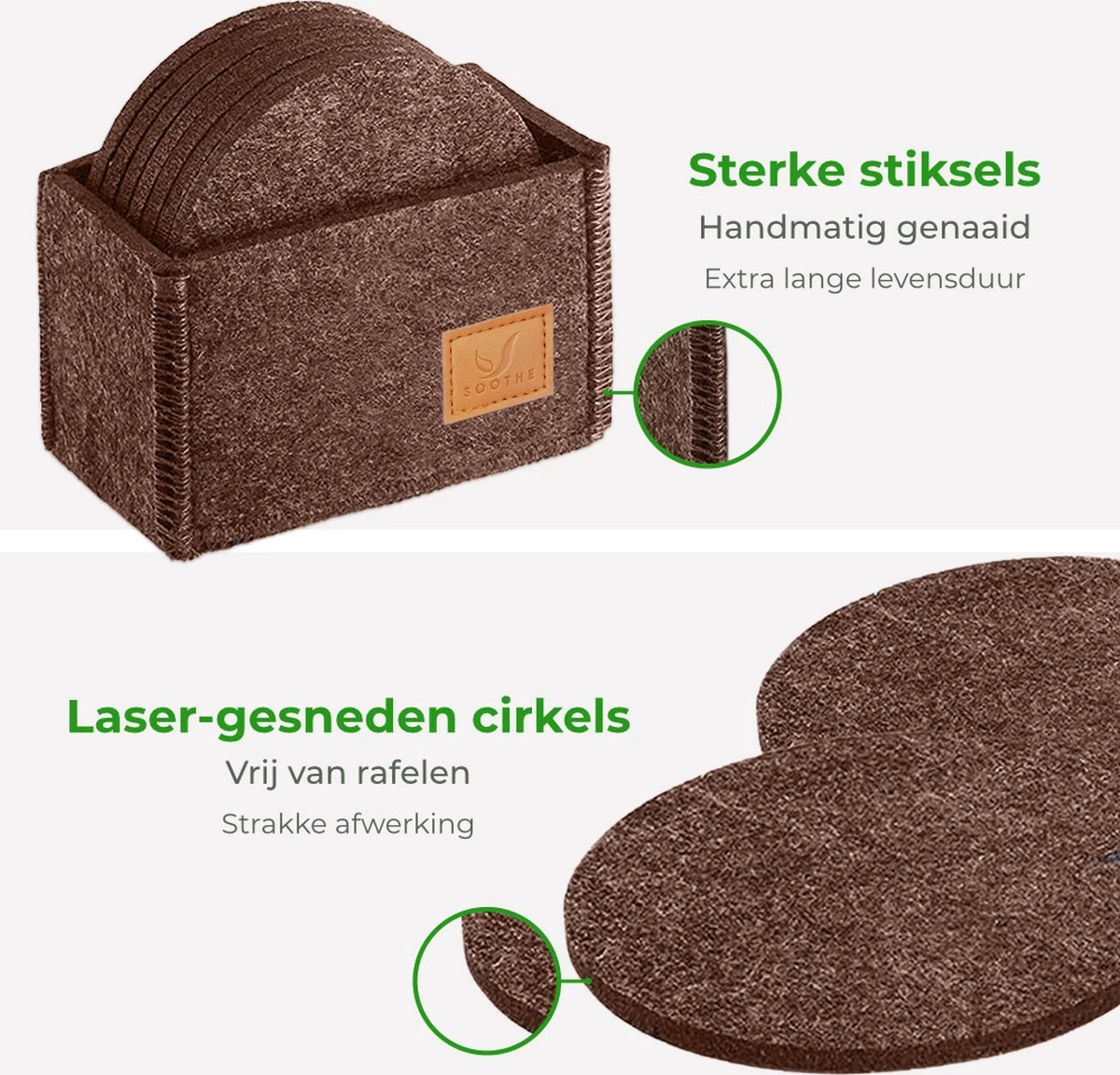 Soothe Onderzetters Voor Glazen - Vilt 10 Stuks – Bruin – Onderzetters Met Houder – Handgemaakt - Hittebestendig, Absorberend En Duurzaam 3 Soothe Onderzetters Voor Glazen - Vilt 10 Stuks – Bruin – Onderzetters Met Houder – Handgemaakt - Hittebestendig, Absorberend En Duurzaam - Afbeelding 3