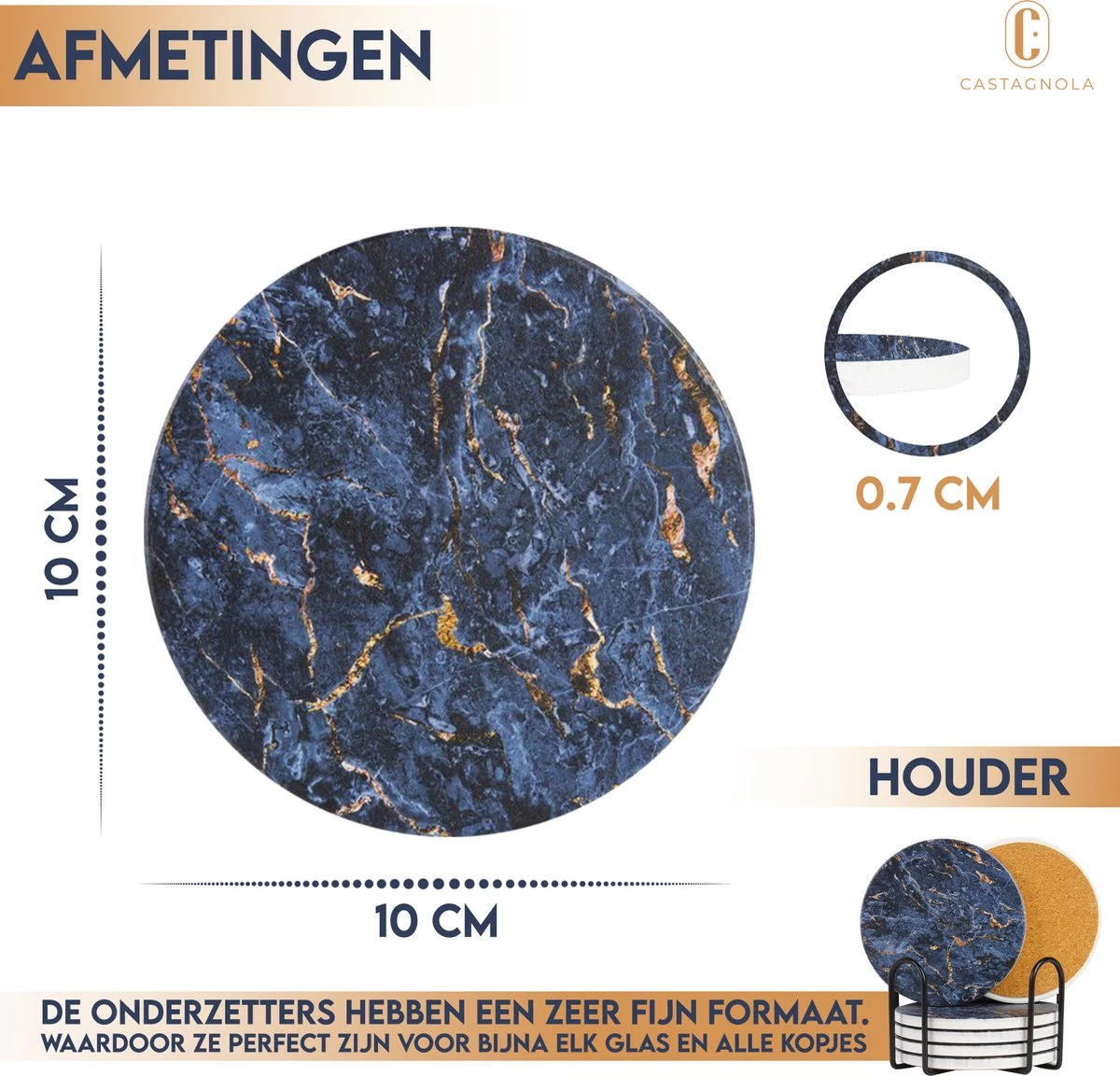 Castagnola Keramische Onderzetters Met Houder – Onderzetters Voor Glazen – Onderzetters Design – Onderzettersset – Drink Onderzetters – Keramisch – Kurk – Set Van 6 – Blauw/Goud 4 Castagnola Keramische Onderzetters Met Houder – Onderzetters Voor Glazen – Onderzetters Design – Onderzettersset – Drink Onderzetters – Keramisch – Kurk – Set Van 6 – Blauw/Goud - Afbeelding 4