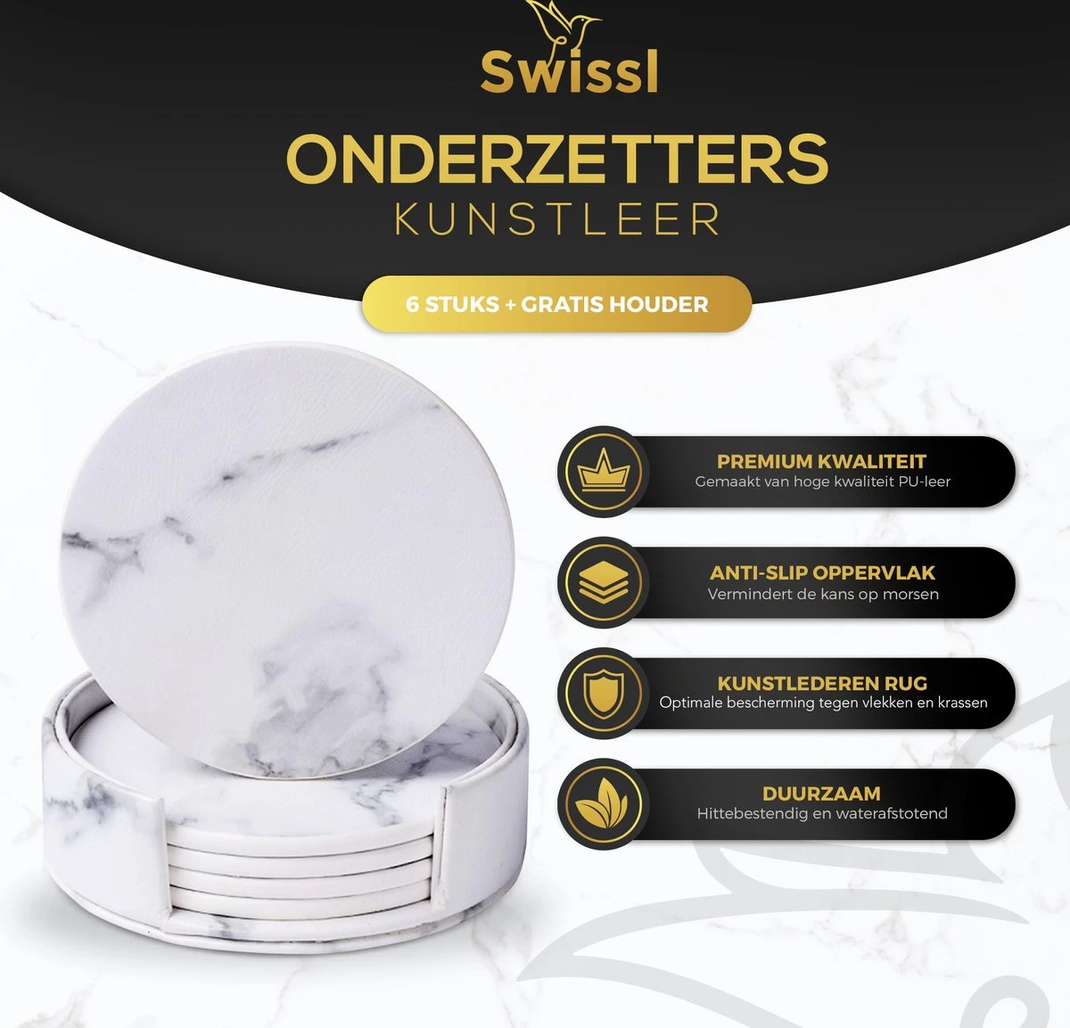 Onderzetters Voor Glazen Met Houder Swissl - Wit - Kunstleer - Marmeren Uitstraling 6 Stuks - Onderleggers 2 Onderzetters Voor Glazen Met Houder Swissl - Wit - Kunstleer - Marmeren Uitstraling 6 Stuks - Onderleggers - Afbeelding 2