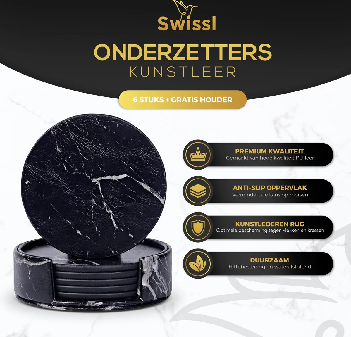Swissl Leren Onderzetters - Marmer Onderzetters Voor Glazen - Kunstleren Onderleggers Met Houder - Glasonderzetters - Coasters – Zwart - Rond 2 Swissl Leren Onderzetters - Marmer Onderzetters Voor Glazen - Kunstleren Onderleggers Met Houder - Glasonderzetters - Coasters – Zwart - Rond - Afbeelding 2
