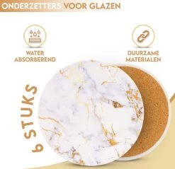 Castagnola Keramische Onderzetters Met Houder – Onderzetters Voor Glazen – Onderzetters Design – Onderzettersset – Drink Onderzetters – Keramisch – Kurk – Set Van 6 – Wit/Goud -Brita Verkoop 1200x1160 3