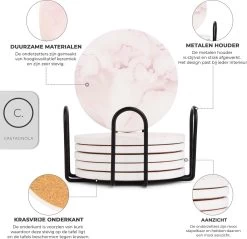 Castagnola Keramische Onderzetters Met Houder – Onderzetters Voor Glazen – Onderzetters Design – Onderzettersset – Drink Onderzetters – Keramisch – Kurk – Set Van 6 – Roze/Wit -Brita Verkoop 1200x1160 5