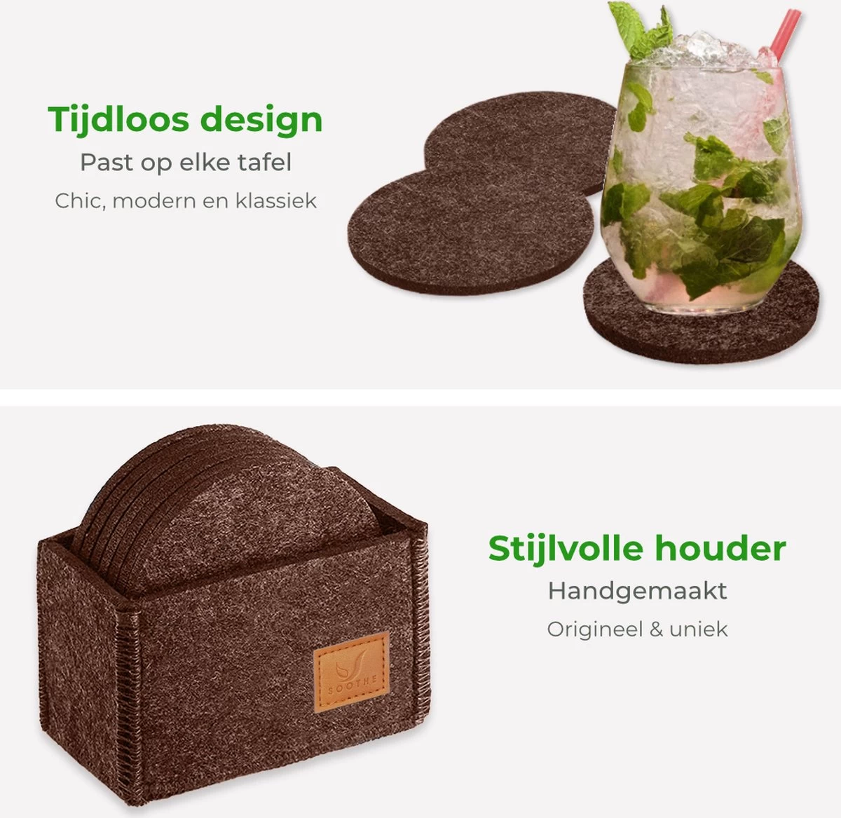 Soothe Onderzetters Voor Glazen - Vilt 10 Stuks – Bruin – Onderzetters Met Houder – Handgemaakt - Hittebestendig, Absorberend En Duurzaam 7 Soothe Onderzetters Voor Glazen - Vilt 10 Stuks – Bruin – Onderzetters Met Houder – Handgemaakt - Hittebestendig, Absorberend En Duurzaam - Afbeelding 7
