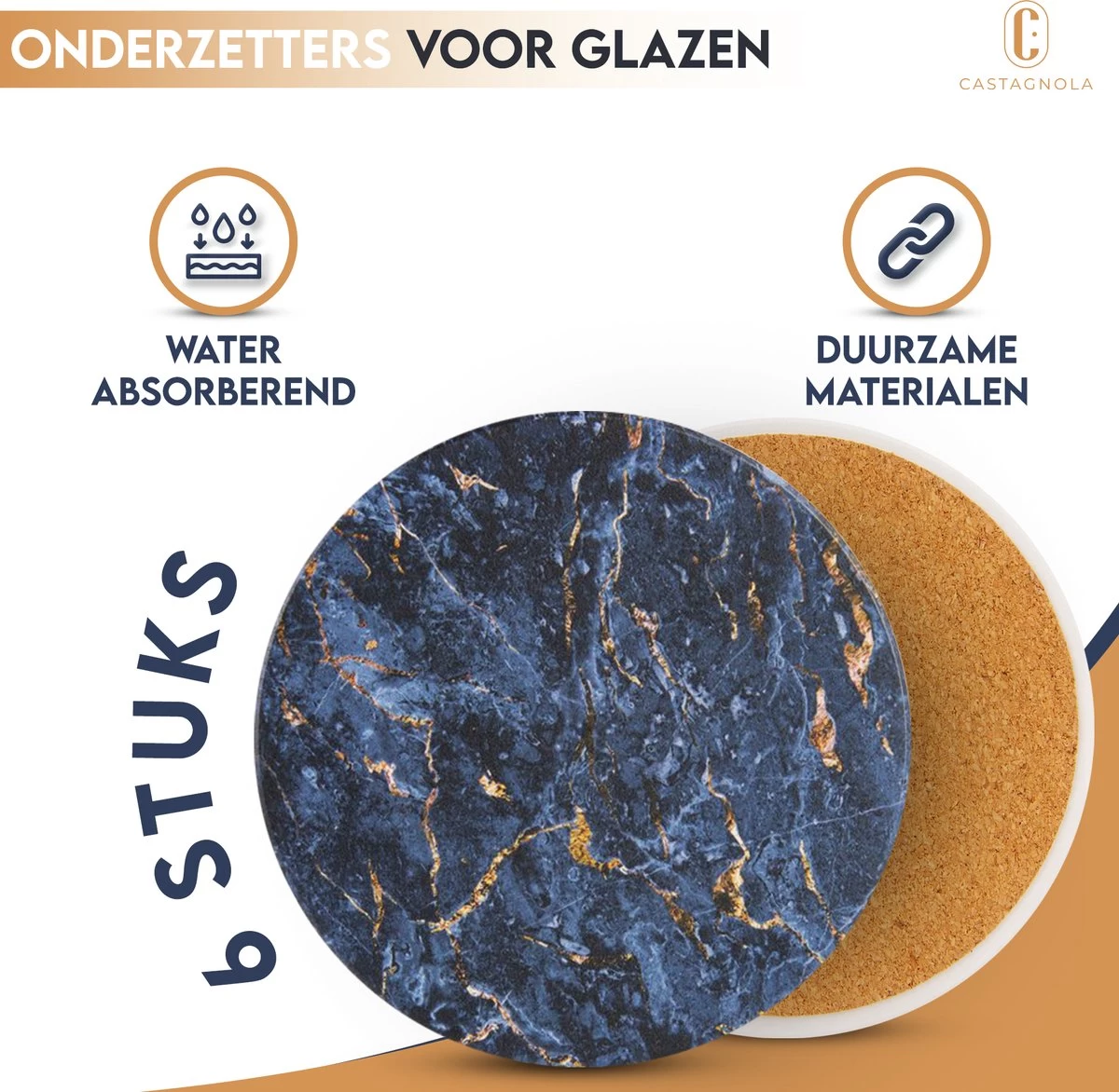 Castagnola Keramische Onderzetters Met Houder – Onderzetters Voor Glazen – Onderzetters Design – Onderzettersset – Drink Onderzetters – Keramisch – Kurk – Set Van 6 – Blauw/Goud 5 Castagnola Keramische Onderzetters Met Houder – Onderzetters Voor Glazen – Onderzetters Design – Onderzettersset – Drink Onderzetters – Keramisch – Kurk – Set Van 6 – Blauw/Goud - Afbeelding 5