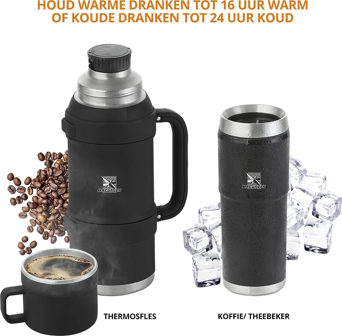 MacGyver RVS Thermoskan 1.5 Ltr – RVS Thermosbeker 0,55 Ltr - Langdurig Warm/koud - Zwart 4 MacGyver RVS Thermoskan 1.5 Ltr – RVS Thermosbeker 0,55 Ltr - Langdurig Warm/koud - Zwart - Afbeelding 4