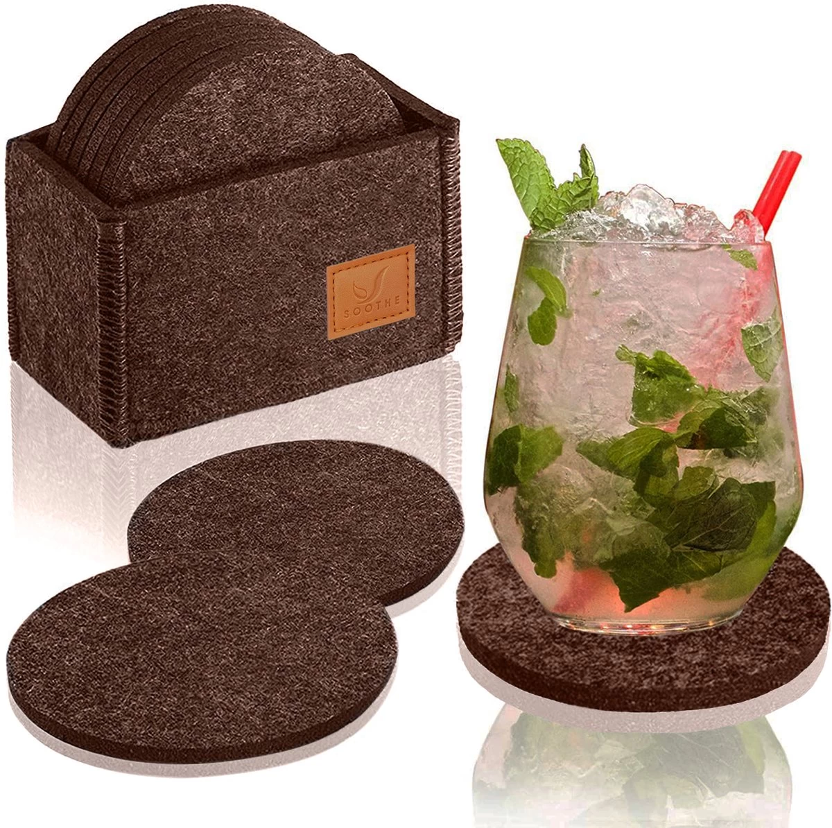 Soothe Onderzetters Voor Glazen - Vilt 10 Stuks – Bruin – Onderzetters Met Houder – Handgemaakt - Hittebestendig, Absorberend En Duurzaam 1 Soothe Onderzetters Voor Glazen - Vilt 10 Stuks – Bruin – Onderzetters Met Houder – Handgemaakt - Hittebestendig, Absorberend En Duurzaam