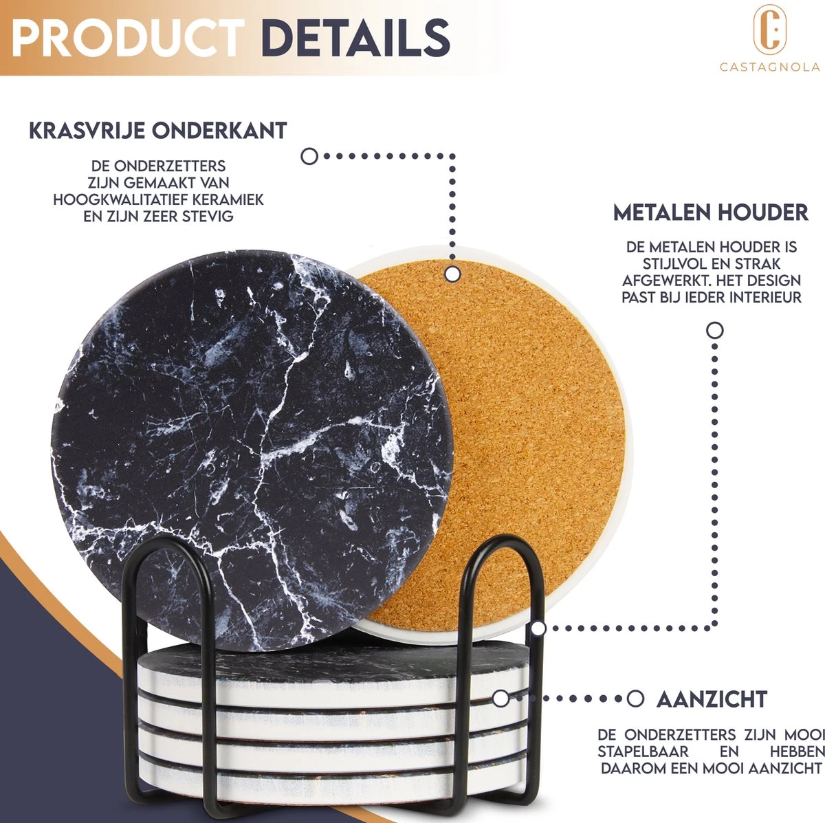 Castagnola Keramische Onderzetters Met Houder – Onderzetters Voor Glazen – Onderzetters Design – Onderzettersset – Drink Onderzetters – Keramisch – Kurk – Set Van 6 – Grijs/Zwart 5 Castagnola Keramische Onderzetters Met Houder – Onderzetters Voor Glazen – Onderzetters Design – Onderzettersset – Drink Onderzetters – Keramisch – Kurk – Set Van 6 – Grijs/Zwart - Afbeelding 5