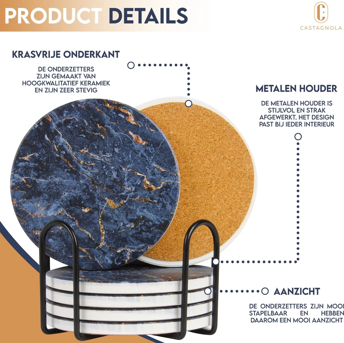 Castagnola Keramische Onderzetters Met Houder – Onderzetters Voor Glazen – Onderzetters Design – Onderzettersset – Drink Onderzetters – Keramisch – Kurk – Set Van 6 – Blauw/Goud 9 Castagnola Keramische Onderzetters Met Houder – Onderzetters Voor Glazen – Onderzetters Design – Onderzettersset – Drink Onderzetters – Keramisch – Kurk – Set Van 6 – Blauw/Goud - Afbeelding 9