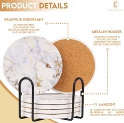 Castagnola Keramische Onderzetters Met Houder – Onderzetters Voor Glazen – Onderzetters Design – Onderzettersset – Drink Onderzetters – Keramisch – Kurk – Set Van 6 – Wit/Goud -Brita Verkoop 1200x1197 9