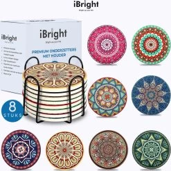 IBright Onderzetters Voor Glazen - Set Van 8 Met Houder - Rond - Bohemian - Oosterse - Mandala Design - Coasters