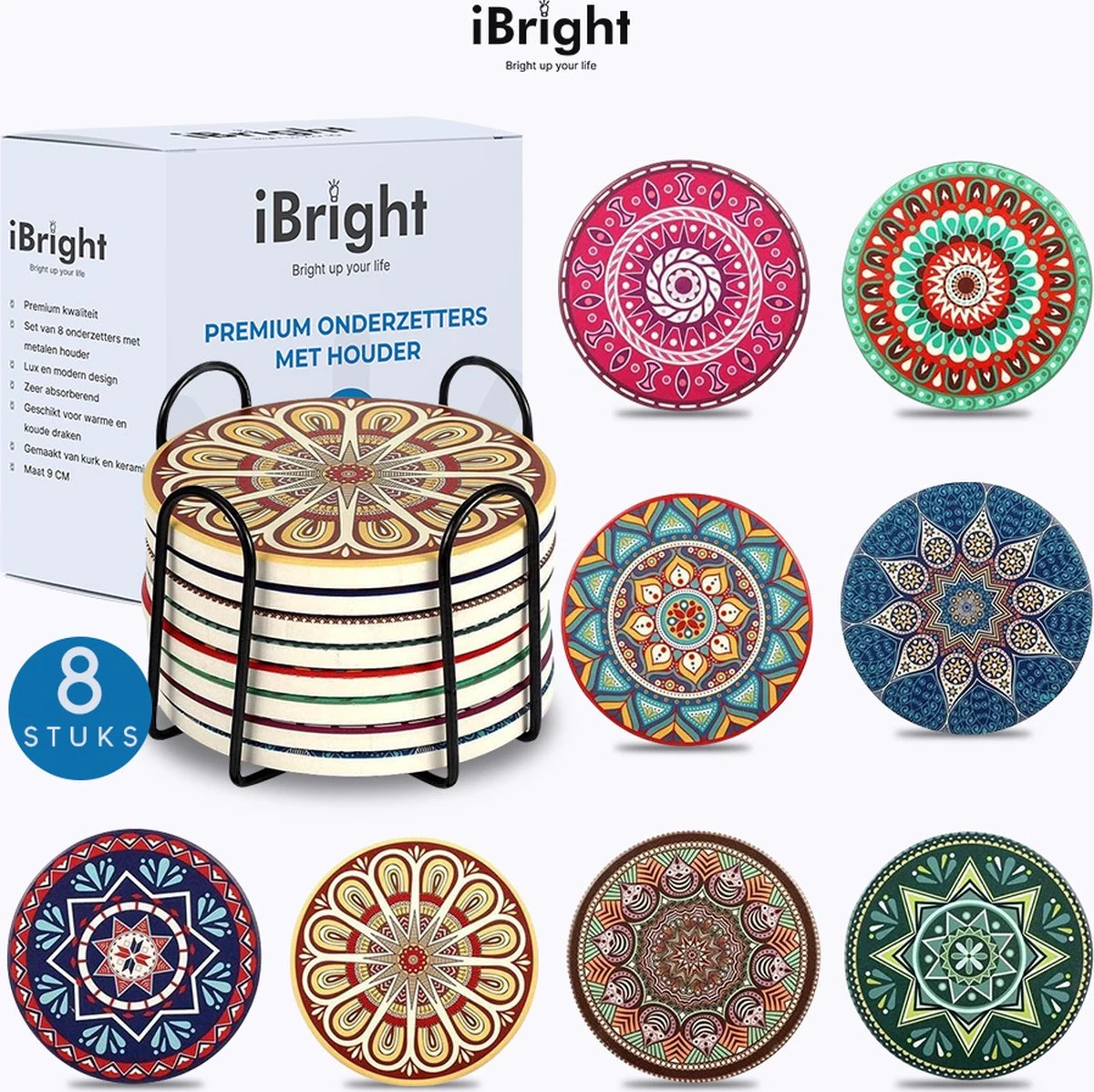 IBright Onderzetters Voor Glazen - Set Van 8 Met Houder - Rond - Bohemian - Oosterse - Mandala Design - Coasters 1 IBright Onderzetters Voor Glazen - Set Van 8 Met Houder - Rond - Bohemian - Oosterse - Mandala Design - Coasters