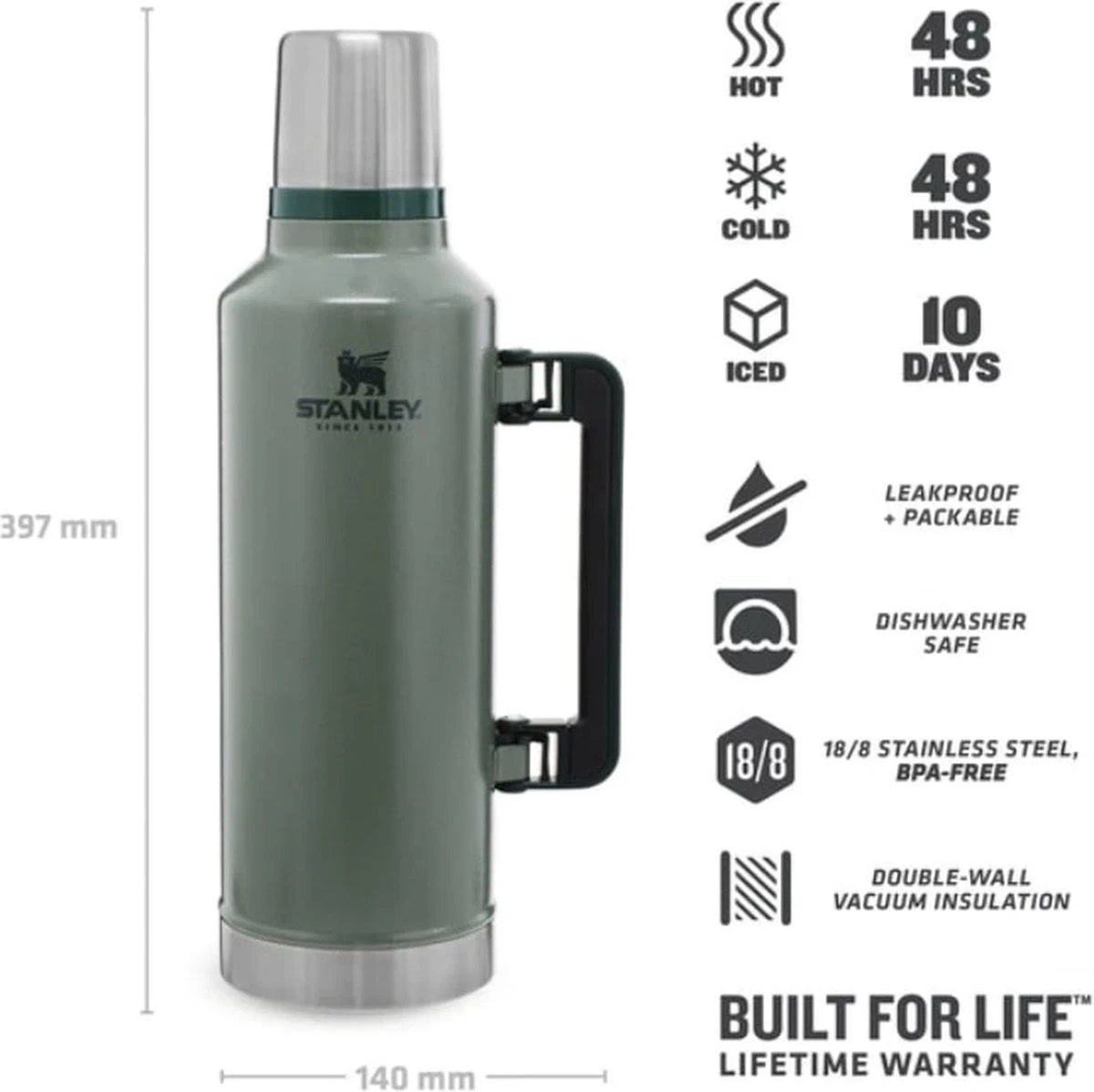 Stanley The Legendary Classic Bottle 2.3L Hammertone Green 5 Stanley The Legendary Classic Bottle 2.3L Hammertone Green - Afbeelding 5