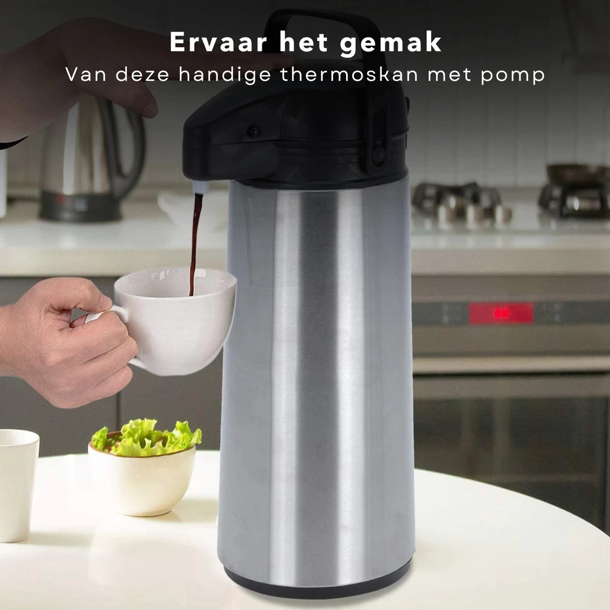 Cheqo® Thermos Pomp - 1.8L Roestvrij Staal - Isoleerkan Met Pomp - Thermoskan Met Pomp - Zwarte Dop & Handvat - Houdt 6 Uur Warm - 1800ml - Afmeting 17x14x36cm 5 Cheqo® Thermos Pomp - 1.8L Roestvrij Staal - Isoleerkan Met Pomp - Thermoskan Met Pomp - Zwarte Dop & Handvat - Houdt 6 Uur Warm - 1800ml - Afmeting 17x14x36cm - Afbeelding 5
