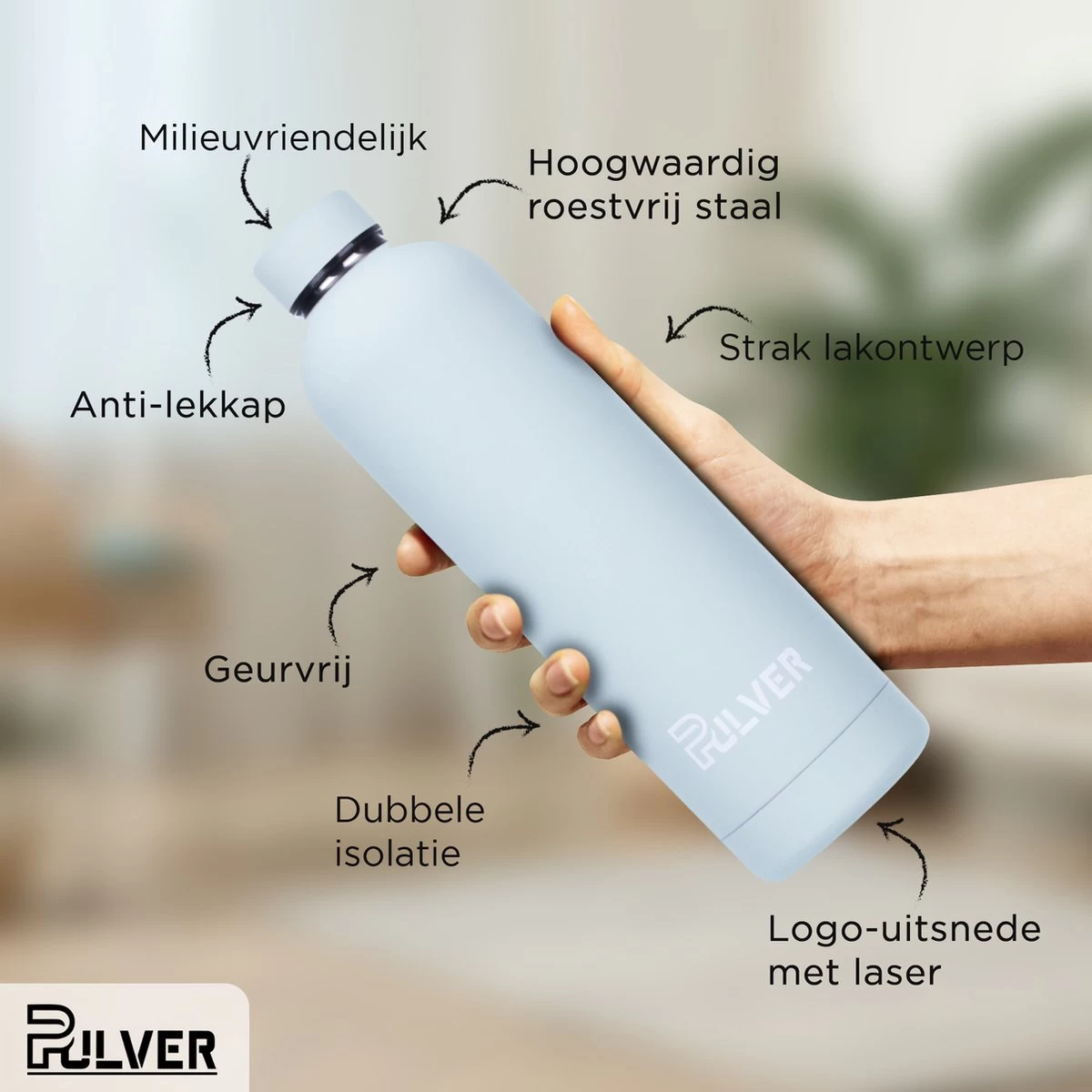 Pulver - RVS Thermosfles / Drinkfles – BPA Vrij – 750 Ml - Waterfles Met Draaidop – Drinkfles – Dubbele Isolatie - Rubberen Coating- Licht Groen 3 Pulver - RVS Thermosfles / Drinkfles – BPA Vrij – 750 Ml - Waterfles Met Draaidop – Drinkfles – Dubbele Isolatie - Rubberen Coating- Licht Groen - Afbeelding 3