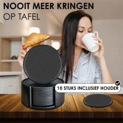 Luxe Leren Onderzetters Met Houder - 16 Stuks - Onderleggers Voor Glazen - Glasonderzetters Voor Op Tafel - Coasters - Zwart - Rond -Brita Verkoop 1200x1200 617
