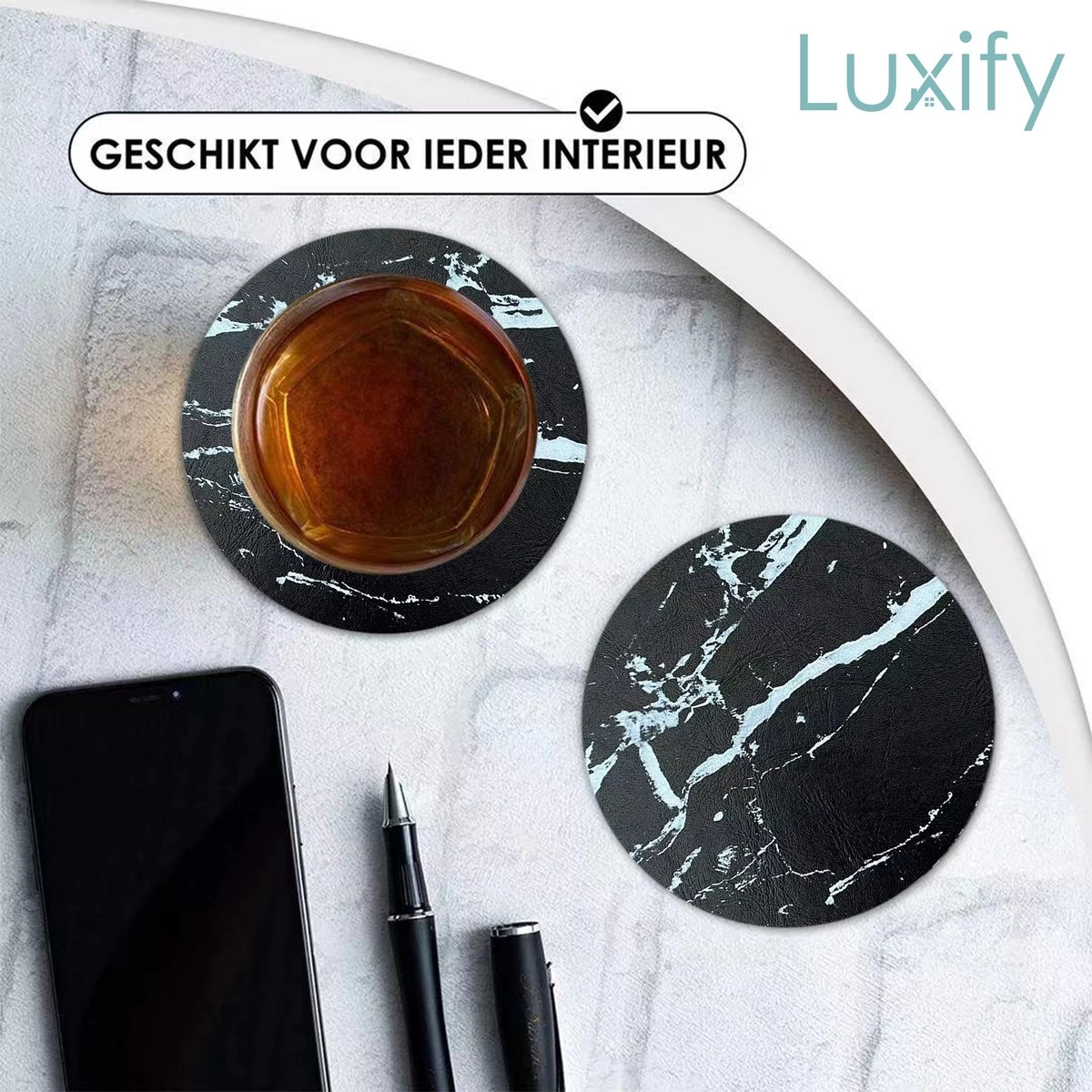 Luxe Leren Marmeren Onderzetters Met Houder - 10 Stuks - Onderleggers Voor Glazen - Glasonderzetters Voor Op Tafel - Coasters - Zwart / Wit - Rond 2 Luxe Leren Marmeren Onderzetters Met Houder - 10 Stuks - Onderleggers Voor Glazen - Glasonderzetters Voor Op Tafel - Coasters - Zwart / Wit - Rond - Afbeelding 2
